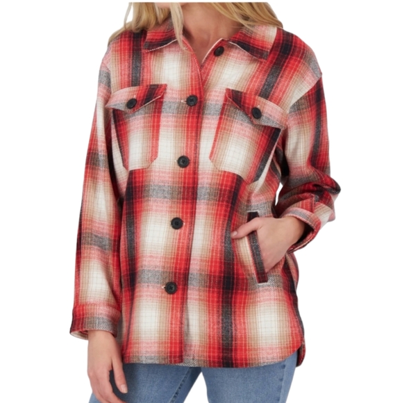 LUCKY BRAND Red plaid Oversized Shirt Jacket, size S - Picture 1 of 16